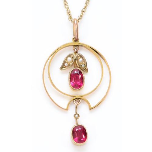 555 - An Edwardian 9ct gold, synthetic ruby and seed pearl pendant42mm overall, chain, 4.5gm