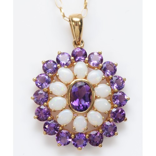 558 - A 9ct gold opal and amethyst cluster pendant, 29mm overall, chain, 4gm