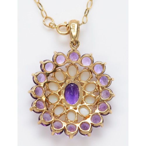 558 - A 9ct gold opal and amethyst cluster pendant, 29mm overall, chain, 4gm