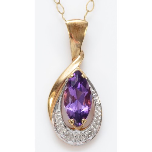 559 - A 9ct gold amethyst and diamond pendant, chain, 1.5gm