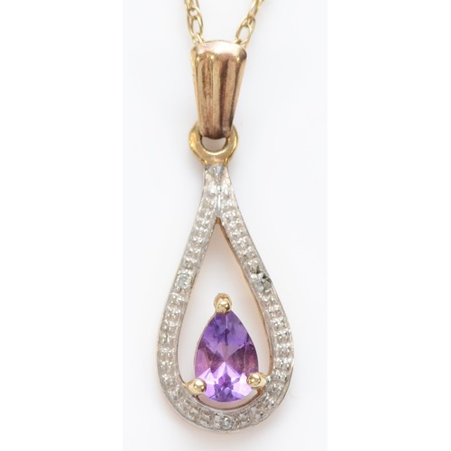 561 - A 9ct gold amethyst and diamond pendant, chain, 1.7gm