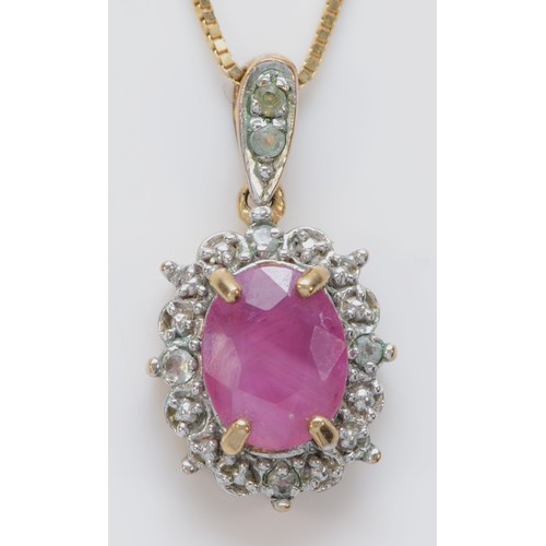 570 - A 9ct gold and enhanced ruby and white stone cluster pendant, 21mm overall, chain, 3.8gm