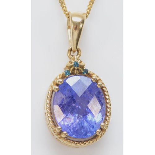 571 - A 9ct gold and tanzanite pendant, stone 12 x 10mm, chain, 3.8gm