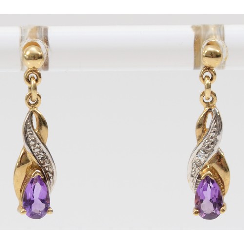 573 - A 9ct gold pair of amethyst and diamond ear pendants, 13mm, 1 gm