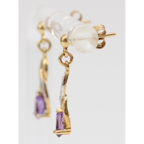 573 - A 9ct gold pair of amethyst and diamond ear pendants, 13mm, 1 gm