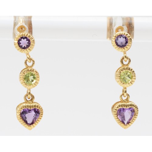 581 - A 9ct gold pair of amethyst and green stone ear pendants,18mm, 1.1gm