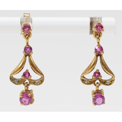 582 - A 9ct gold pair of ruby and diamond ear pendants, 22mm, 2gm