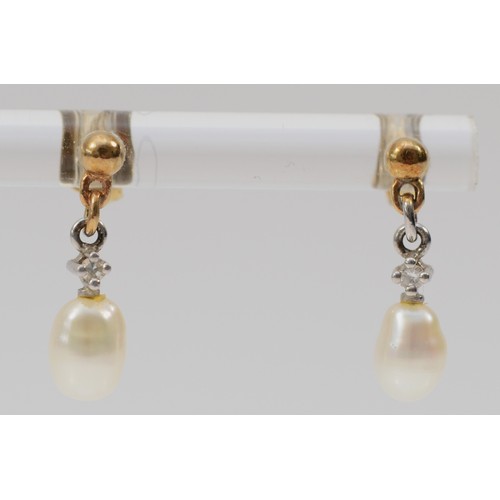 585 - A 9ct gold pair of cultured pearl and diamond ear pendants, 10mm, 1.5gm