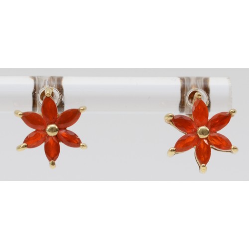 587 - A 9ct gold pair of marquise cut fire opal ear studs, 10mm, 1.6gm