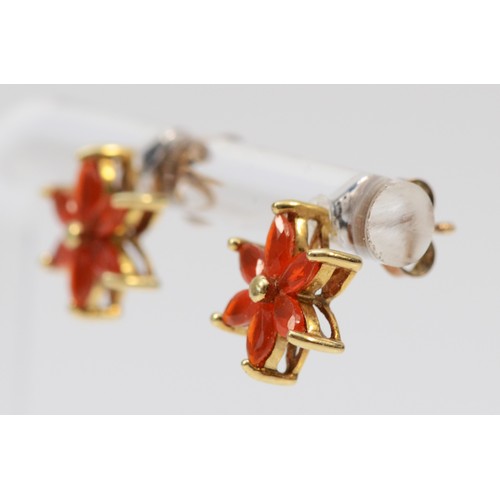 587 - A 9ct gold pair of marquise cut fire opal ear studs, 10mm, 1.6gm