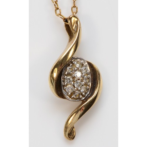 597 - A 375 9k gold and brilliant cut diamond set pendant, stated weight 0.10cts, chain, 1.9gm