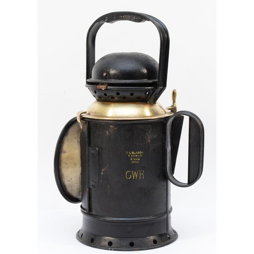 61 - GWR (1942) brass collared 3 aspect hand lamp, complete with burner