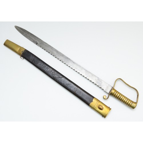 A British 1856 pattern Infantry Pioneer Sword, with a saw-back steel 56cm blade with Broad Arrow over WD, R and Crowned 16, with a brass stirrup hilt stamped 22D over 57, with ribbed grip, stamped Broad Arrow twice, with a leather and brass mounted scabbard, stamped CH, Broad Arrow 00.