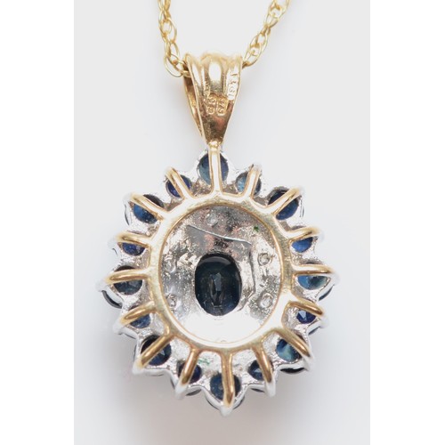 28 - A 9ct gold sapphire and diamond cluster pendant necklace with a claw setting, 15mm pendant, 3g