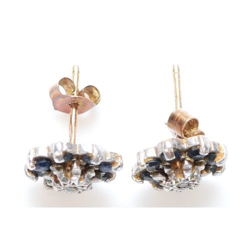 36 - A pair of 9ct gold sapphire and diamond cluster earrings with scroll backs, 1.5g