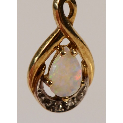 39 - A pair of 9ct gold opal and diamond drop earrings with scroll backs, 23mm drop, 1.7g