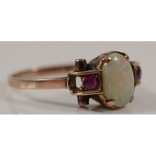 41 - A 9ct gold opal and ruby dress ring, missing stones, M, 2.5g