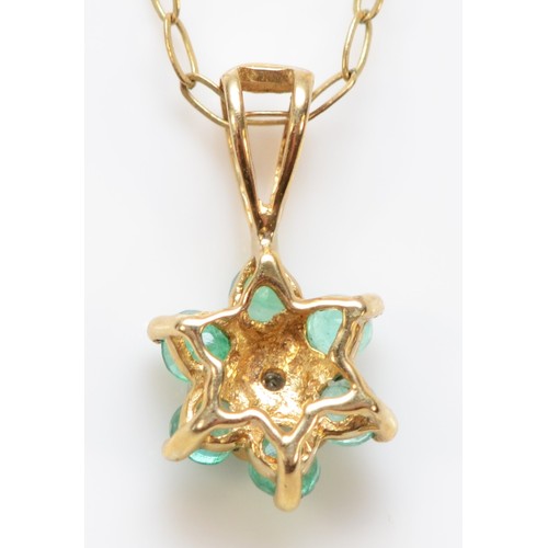 46 - A 9ct gold emerald and diamond cluster pendant necklace, 5mm pendant, 0.6g