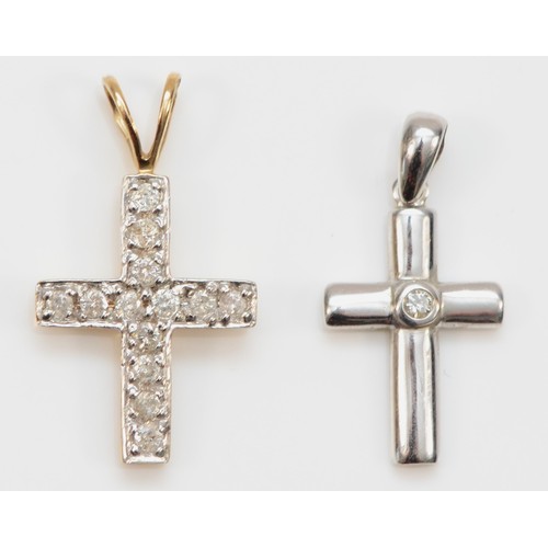 73 - Two 9ct white and yellow gold diamond cross pendants, 15mm length, 1.3g