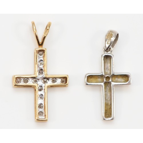 73 - Two 9ct white and yellow gold diamond cross pendants, 15mm length, 1.3g