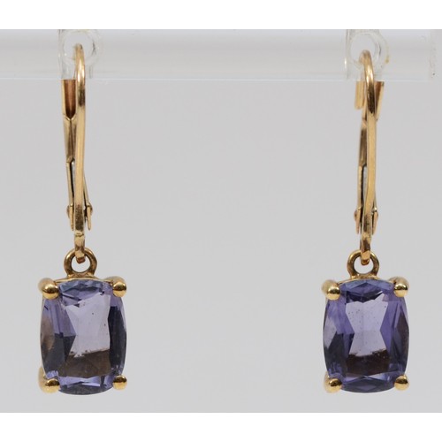 76 - A pair of 9ct gold amethyst drop earrings with hinged back, total drop is 23mm, 2g