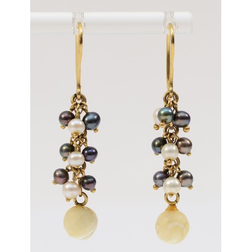 81 - A pair of 9ct gold cultured pearl and shell drop earrings with shepherd hooks, drop is 30mm, 4.3g