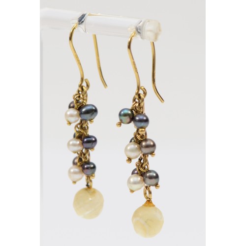 81 - A pair of 9ct gold cultured pearl and shell drop earrings with shepherd hooks, drop is 30mm, 4.3g