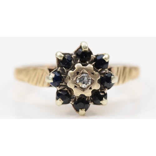 85 - A 9ct gold sapphire and diamond cluster dress ring, L, 2.4g