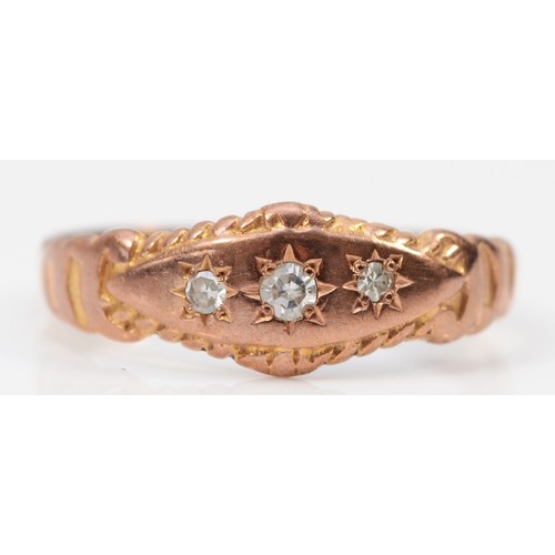 87 - A 9ct rose gold antique diamond star set ring, O 1/2, 1.6g