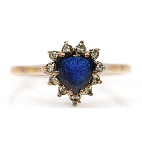 90 - A 9ct gold heart cut sapphire and diamond cluster ring, claw set, P, 1.8g