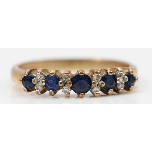 91 - A 9ct gold sapphire and diamond half eternity ring, claw set, M, 1.9g