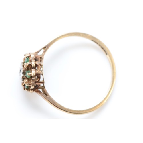 97 - A 9ct gold diamond and emerald cluster ring, claw set, O, 1.7g