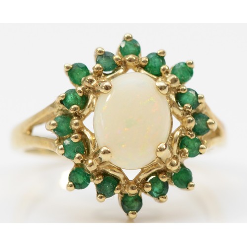 108 - A 9ct gold emerald and opal cluster ring, claw set, O, 3.3g