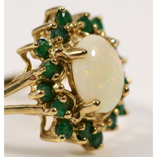 108 - A 9ct gold emerald and opal cluster ring, claw set, O, 3.3g