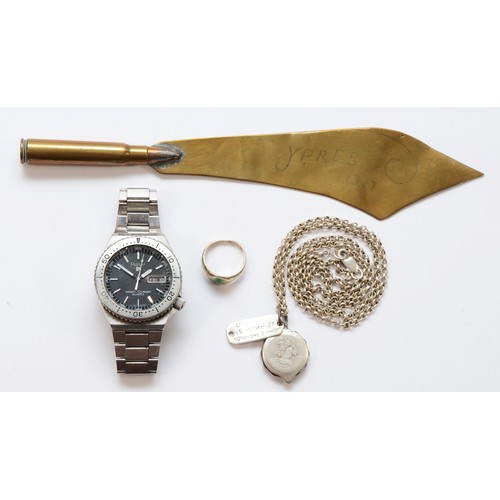 111 - A silver belcher link chain70cm, 19gm, a Pulsar quartz wristwatch, a trench art letter opener, Ypres... 