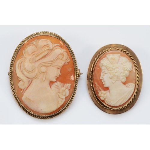 116 - A 9ct gold mounted shell cameo brooch, depicting a lady with flower, shell34 x 27mm and another simi... 