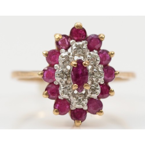 123 - A 9ct gold ruby and diamond cluster ring, M 1/2, 2.3g