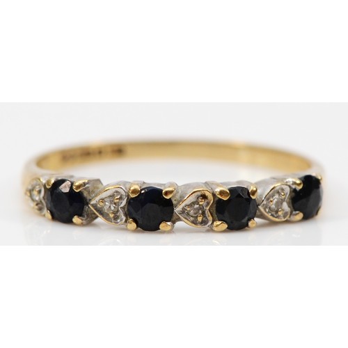 128 - A 9ct gold sapphire and diamond half eternity ring, M, 1.1g