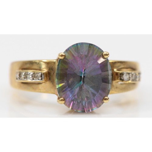 131 - A 9ct gold mystic topaz ring with diamond shoulders, Q, 4.6g