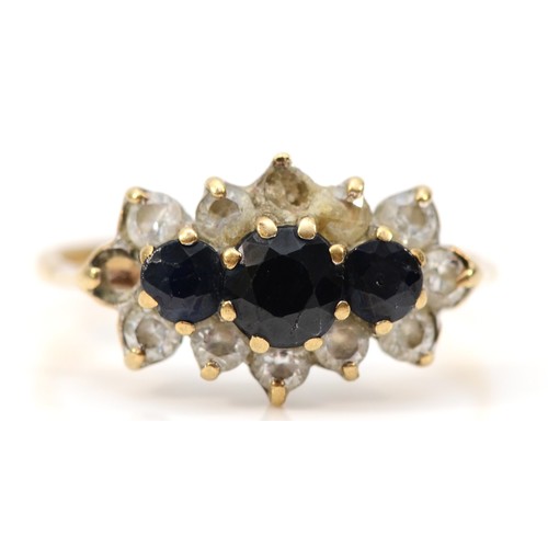 132 - A 9ct gold sapphire and white stone ring, two settings vacant, M 1/2, 2.3g