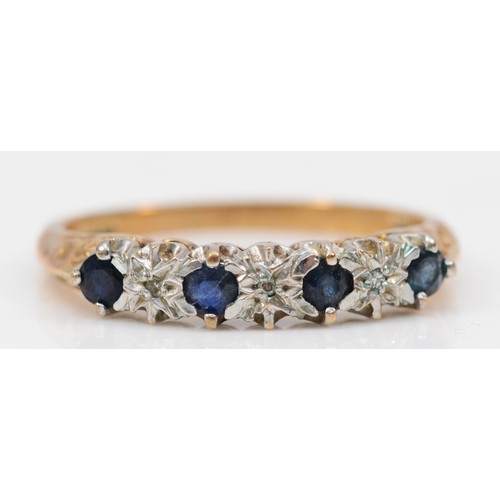 143 - A 9ct gold sapphire and diamond half eternity ring, P, 2gm