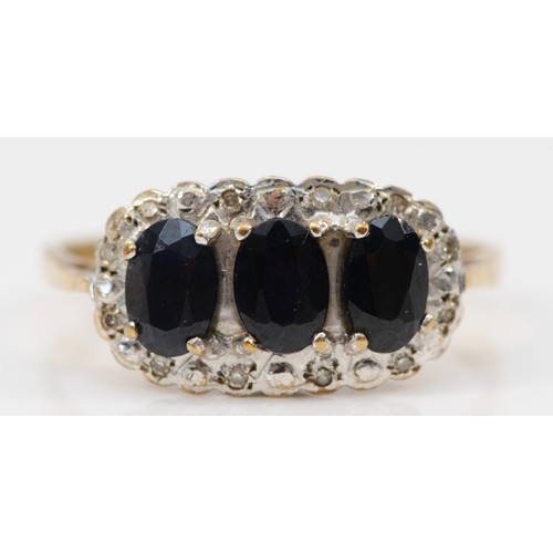 144 - A 9ct gold sapphire and diamond triple cluster ring, S, 3gm.