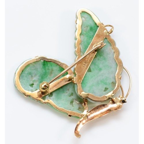 148 - A Chinese 14Kt gold and carved jadeite butterfly brooch, 40 x 38mm, 7.6gm