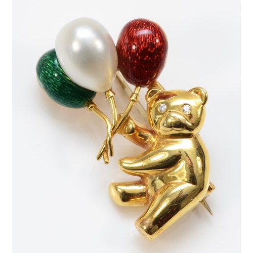 150 - An 18ct gold, brilliant cut diamond, cultured pearl and enamel Teddy bear with balloon brooch, by CW... 