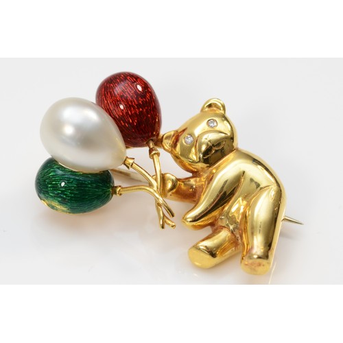 150 - An 18ct gold, brilliant cut diamond, cultured pearl and enamel Teddy bear with balloon brooch, by CW... 