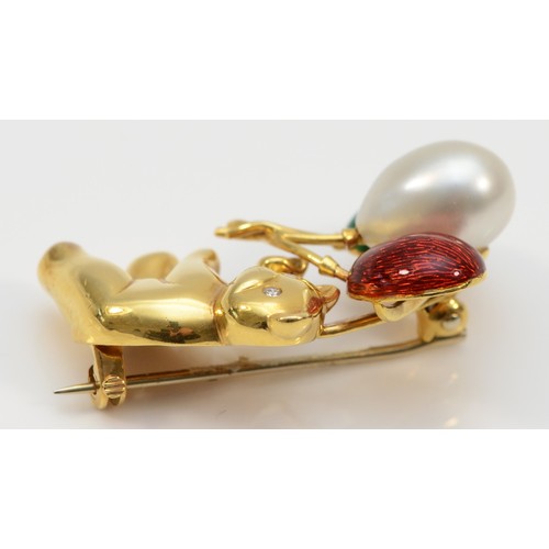 150 - An 18ct gold, brilliant cut diamond, cultured pearl and enamel Teddy bear with balloon brooch, by CW... 