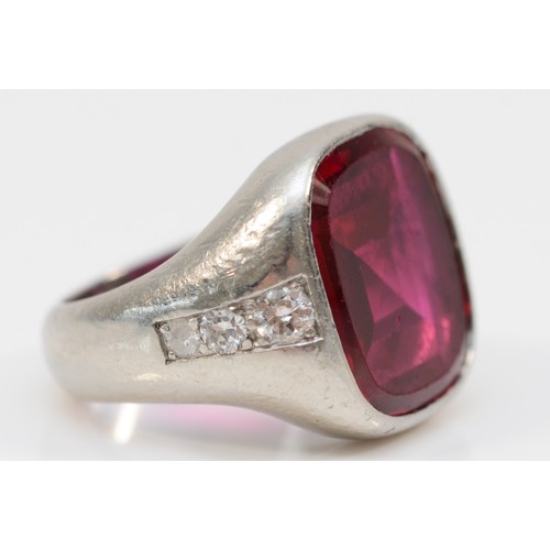 151 - An unmarked platinum, synthetic ruby and old cut brilliant diamond dress ring, stone 14 x 13mm, F, 1... 