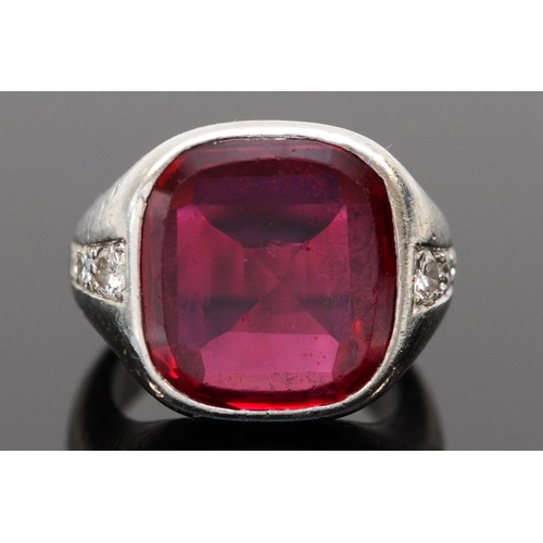 151 - An unmarked platinum, synthetic ruby and old cut brilliant diamond dress ring, stone 14 x 13mm, F, 1... 