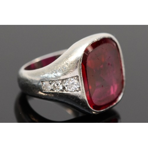 151 - An unmarked platinum, synthetic ruby and old cut brilliant diamond dress ring, stone 14 x 13mm, F, 1... 