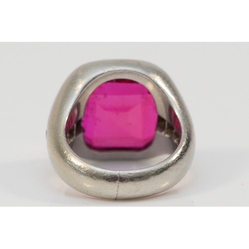 151 - An unmarked platinum, synthetic ruby and old cut brilliant diamond dress ring, stone 14 x 13mm, F, 1... 